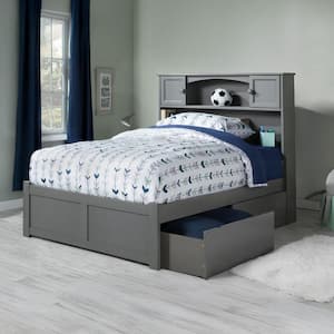 Newport Grey Full Solid Wood Storage Platform Bed Frame with Flat Panel Footboard and 2-Bed Drawers
