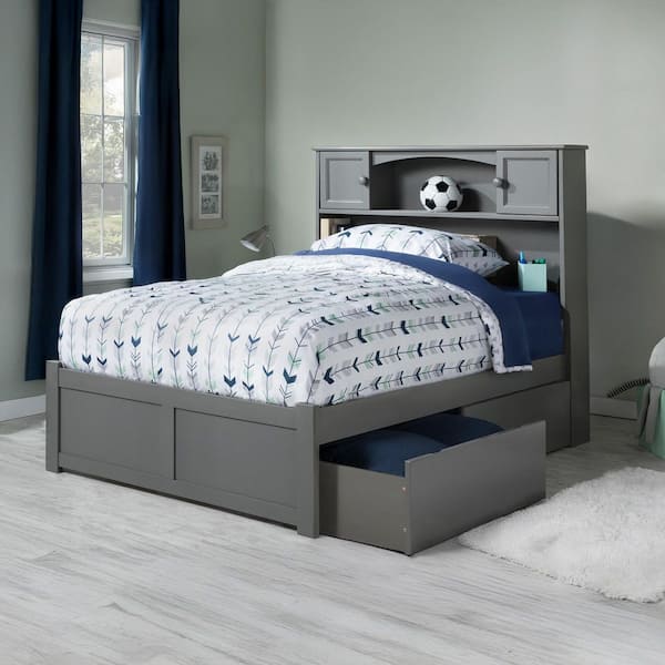 AFI Newport Grey Full Solid Wood Storage Platform Bed with Flat Panel Foot Board and 2 Bed Drawers