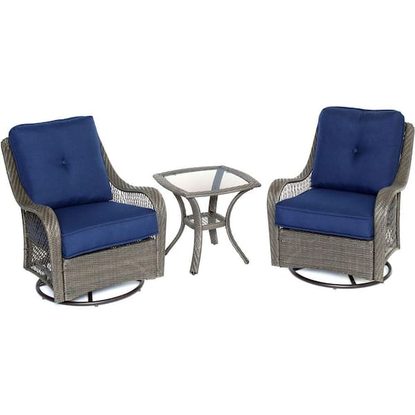 Hanover Orleans 3-Piece Swivel Rocking Chat Set with Navy Blue Cushions, 2 Glider Chairs, End Table, Weather Resistant