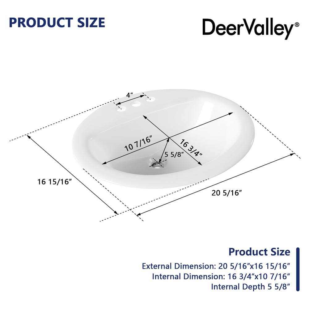 20'' x 17'' White Oval Ceramic Drop-in Bathroom Sink with Overflow
