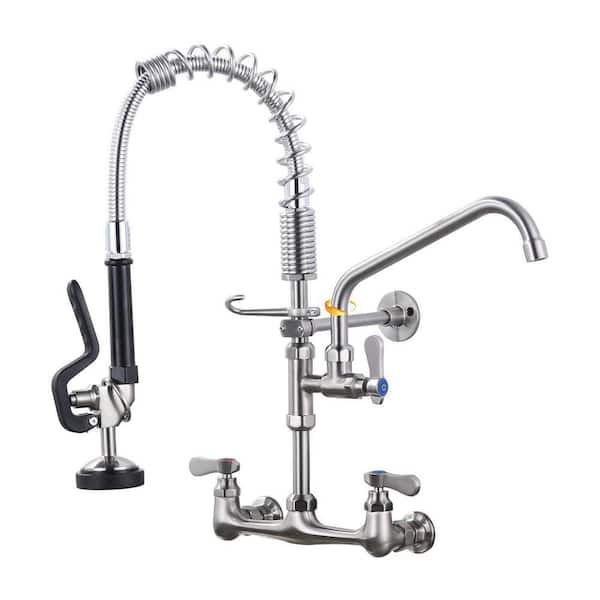 21 in Wall mounted faucet Triple Handle Pull Down Sprayer 360 Degree Spout Swivel Kitchen Faucet in Brushed Nickel