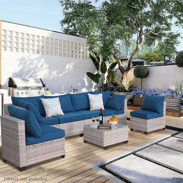 7-Piece Gray Wicker Patio Conversation Set with Blue Cushions