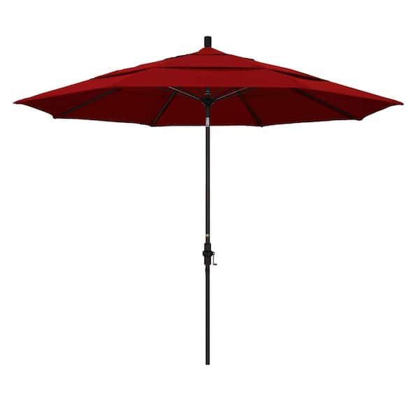 California Umbrella 11 ft. Bronze Aluminum Pole Market Fiberglass Ribs Collar Tilt Crank Lift Outdoor Patio Umbrella in Jockey Red Sunbrella