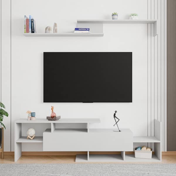 Leisuremod Surrey Modern White TV Stand with MDF Shelves and Bookcase