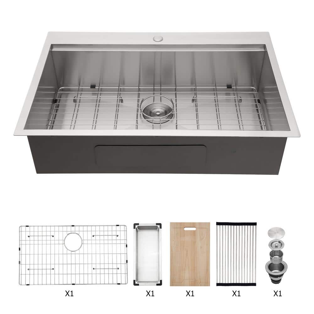 33 in. Drop-In Single Bowl 18 Gauge Brushed Nickel Stainless Steel Kitchen 