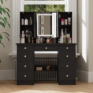 Black Modern Makeup Vanity Desk 9-Drawers Wood Dressing Table with 3 Mirrors, Hidden Storage Shelves, LED Lighted Lights