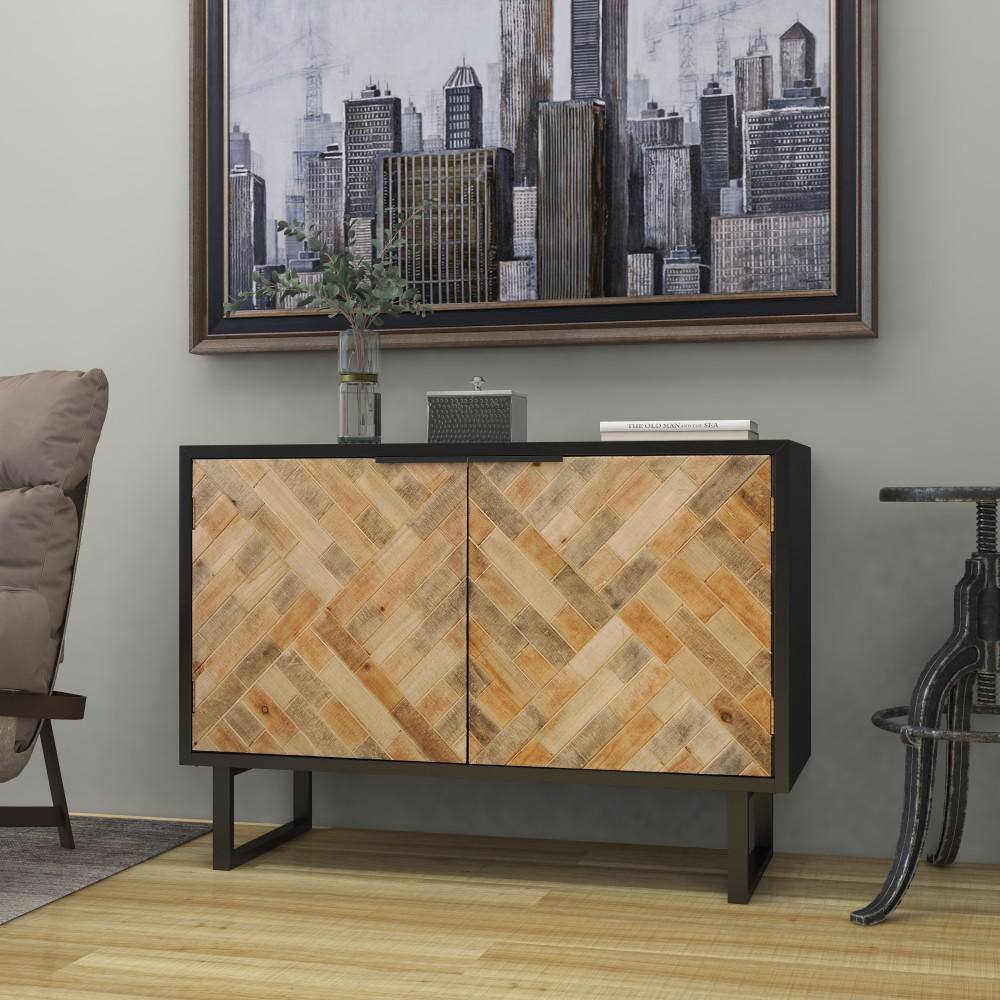 Black and Brown Geometric Wood Inlay Cabinet with Shelf
