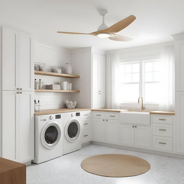 52 in. LED Indoor Oak White Natural Ceiling Fan with Light Kit, DC Reversible Motor,Downrod