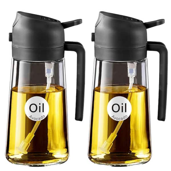 2 Piece Black 16 oz. Olive Oil Dispenser 2 in 1 Oil Glass Sprayer for Cooking Kitchen Air Fryer Salad Frying BBQ