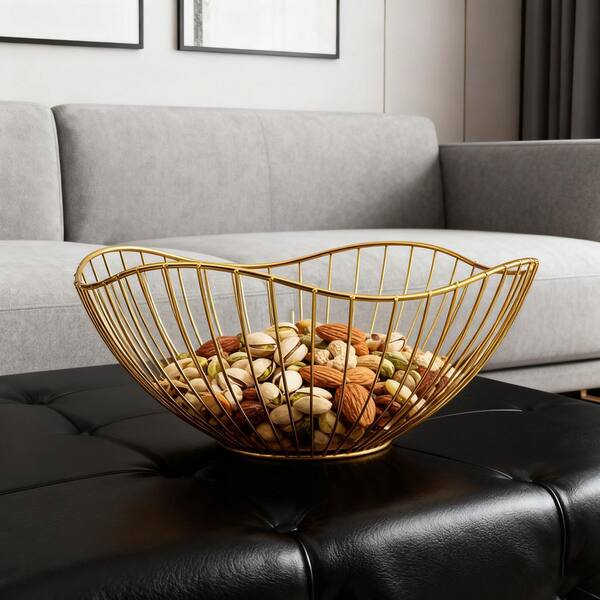 Wudkey 1 Piece Gold Metal Wire Fruit Basket, Fruit Bowl for