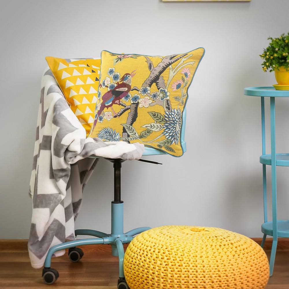 Yellow Cotton Bird of Paradise Embroidered Throw Pillow