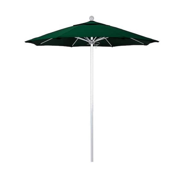 California Umbrella 7.5 ft. Silver Aluminum Commercial Market Patio Umbrella with Fiberglass Ribs and Push Lift in Hunter Green Olefin