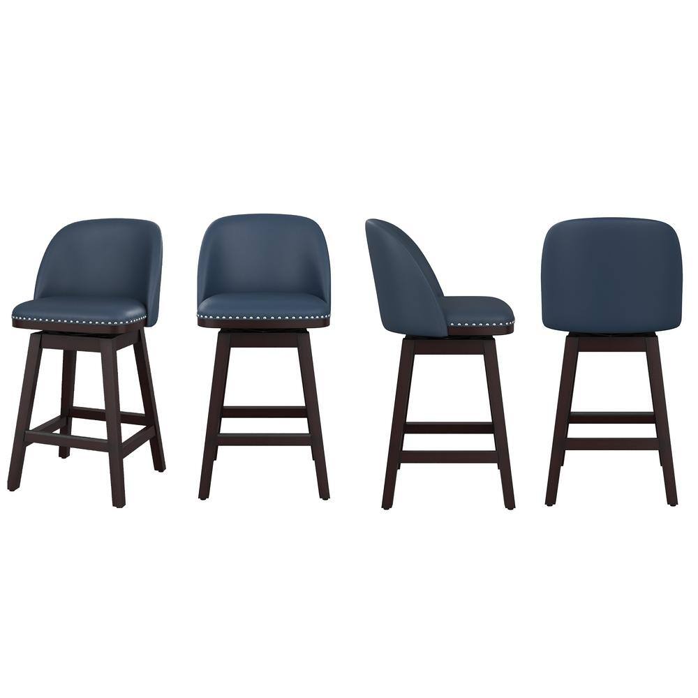 Navy Blue Wood Frame Swivel Counter Stools with Faux Leather, Set of 2