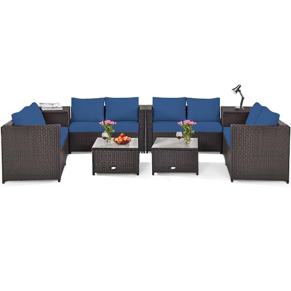 Costway 8-Piece Wicker Outdoor Loveseat with Navy Cushions