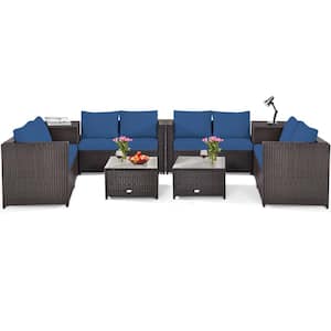 8-Piece Wicker Outdoor Loveseat with Navy Cushions