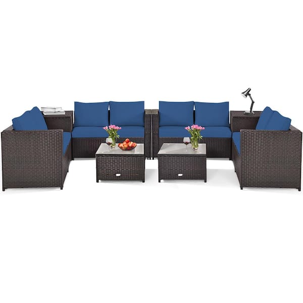 8-Piece Wicker Outdoor Loveseat with Navy Cushions