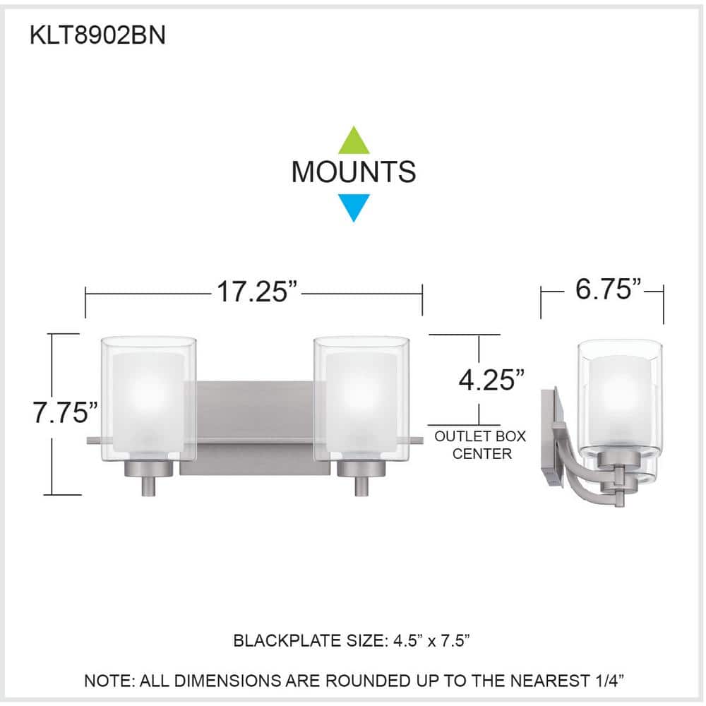 Kolt Brushed Nickel 2-Light Dimmable Vanity Light with Frosted Glass Shades