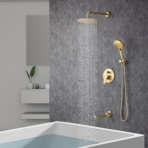 3-Spray Patterns with 2.5 GPM 10 in. Wall Mount Dual Shower Heads with 180-Degree Rotation Tub Spout in Brushed Gold
