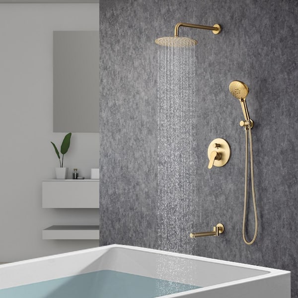 3-Spray Patterns with 2.5 GPM 10 in. Wall Mount Dual Shower Heads with 180-Degree Rotation Tub Spout in Brushed Gold