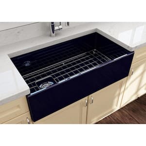 Contempo Farmhouse Apron Front Fireclay 36 in. Single Bowl Kitchen Sink with Bottom Grid and Strainer in Sapphire Blue