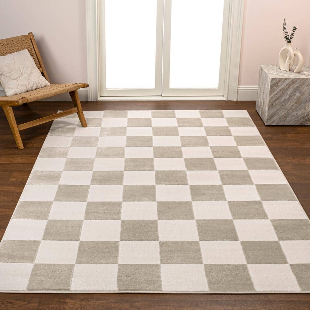 Beige and Cream Geometric Checkerboard 5 x 8 Area Rug