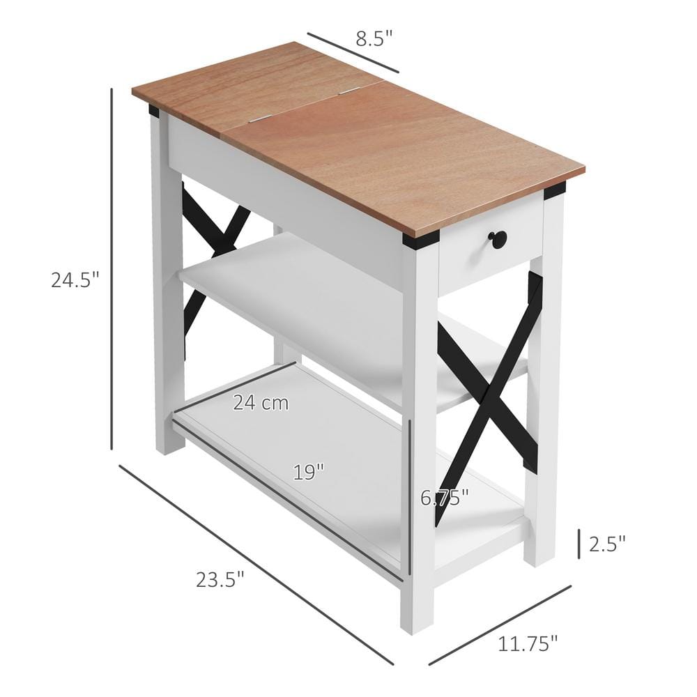 White Wood Side Table with Charging Station and Storage Shelves