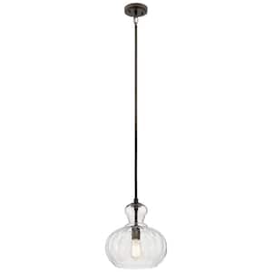 Riviera 13 in. 1-Light Olde Bronze Transitional Shaded Kitchen Pendant Hanging Light with Clear Ribbed Glass