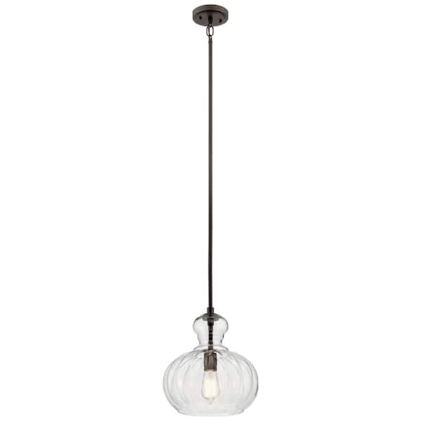 KICHLER Riviera 13 in. 1-Light Olde Bronze Transitional Shaded Kitchen Pendant Hanging Light with Clear Ribbed Glass