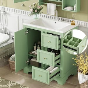 30 in. W Single Sink Bath Vanity in Green with White Ceramic Top, 3-Drawers and Adjustable Shelf Unassembled