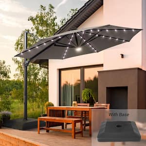 11 ft. Aluminum Cantilever Patio Umbrella with a Base, Outdoor Offset Hanging Rotation with Solar LED Lights in Grey