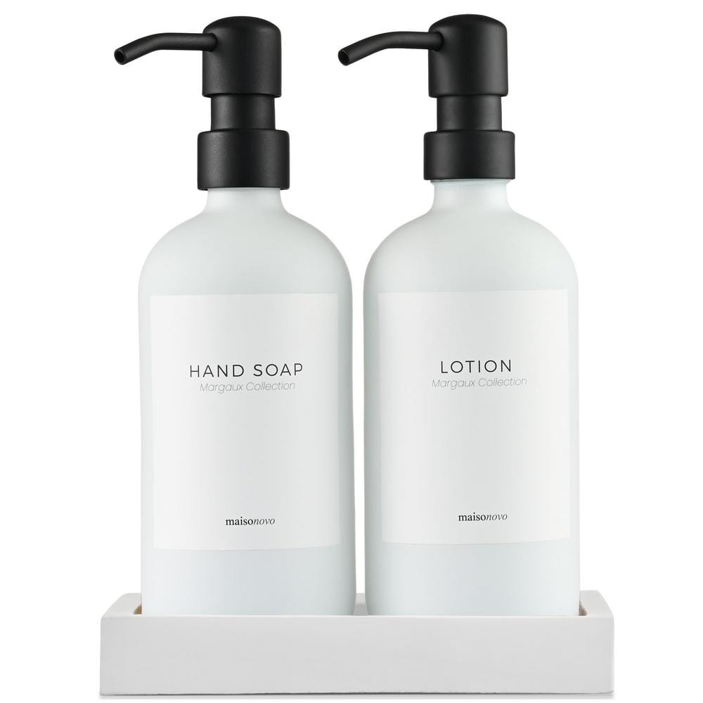 2-Pieces, Glass Hand Soap and Lotion Dispenser with Hand Made Concrete Tray
