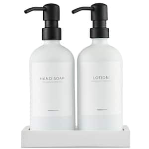 2-Pieces, Glass Hand Soap and Lotion Dispenser with Hand Made Concrete Tray in White Bottles and Black Pumps