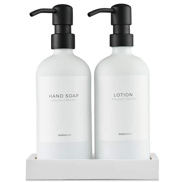 2-Pieces, Glass Hand Soap and Lotion Dispenser with Hand Made Concrete Tray in White Bottles and Black Pumps