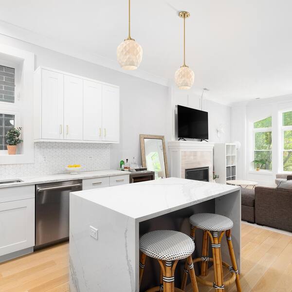 Designers Fountain - Dita 60-Watt 1-Light Brushed Gold Transitional Pendant Light with Etched Opal Glass Shade and No Bulbs Included