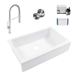 Grace 34 in. Quick-Fit Farmhouse Undermount Single Bowl White Fireclay Kitchen Sink with Bruton Chrome Faucet Kit
