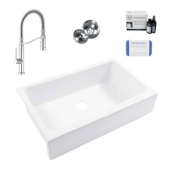 SINKOLOGY Grace 34 in. Quick-Fit Farmhouse Undermount Single Bowl White Fireclay Kitchen Sink with Bruton Chrome Faucet Kit