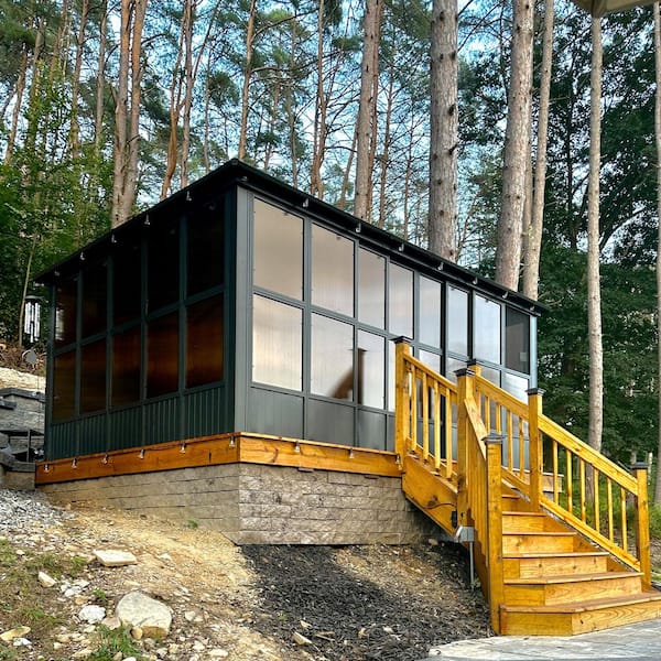 12ft.x16ft. Sunroom Hardtop Gazebo Solarium Galvanized Steel Double Roof Aluminum PC Mesh Screen House for Backyard Gray