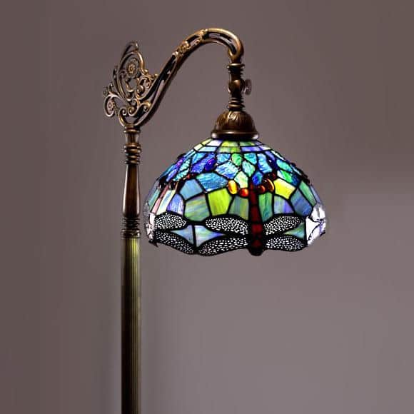 Antique Bronze Adjustable Arc Reading Lamp with Stained Glass Shade