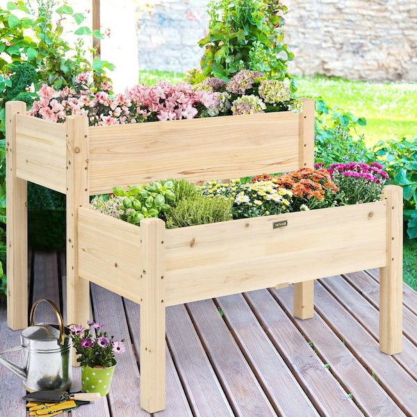 Gymax 2 Tier Wooden Raised Garden Bed Elevated Planter Box w/Legs Drain Holes