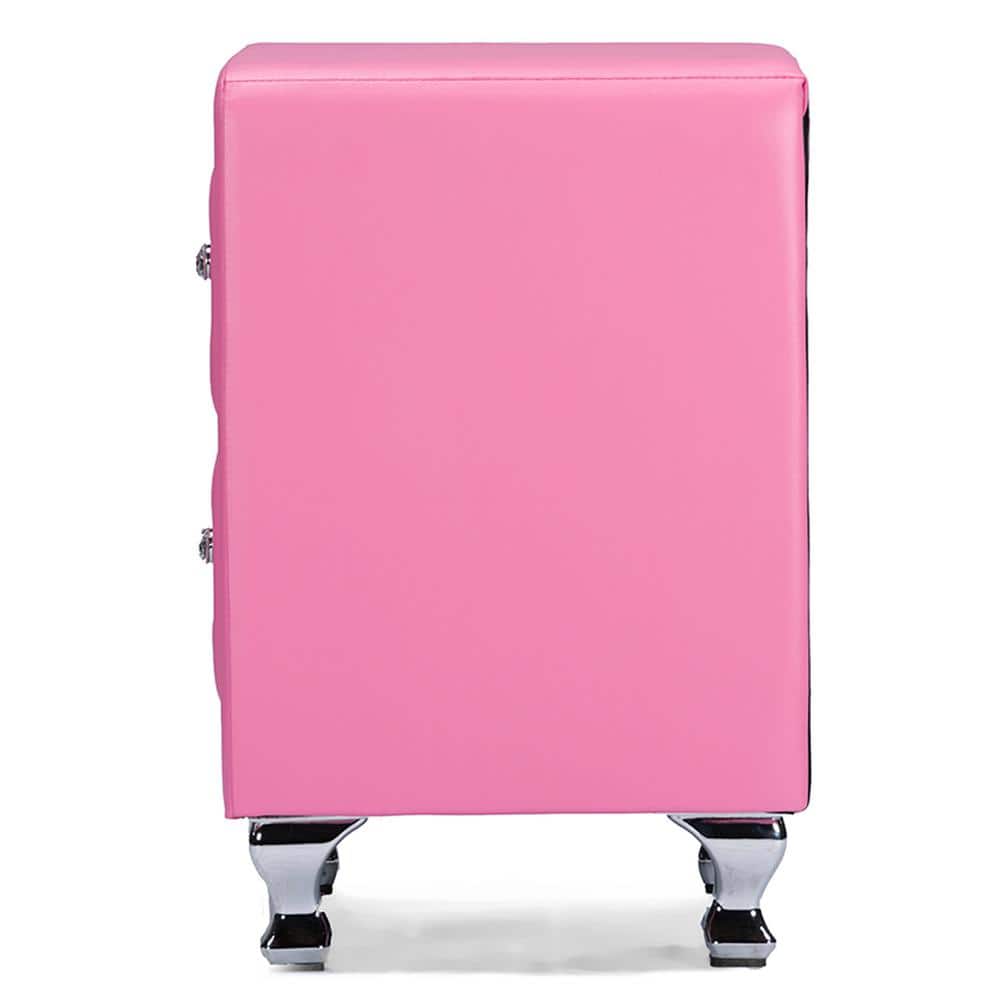 Stella Pink Faux Leather 2-Drawer Crystal Tufted Nightstand