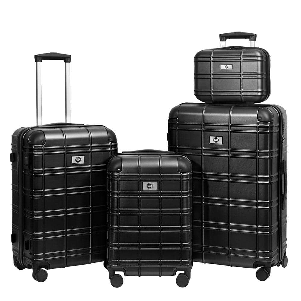 4-Piece Black Hard Side Luggage Set, Lightweight Durable Suitcase Sets with