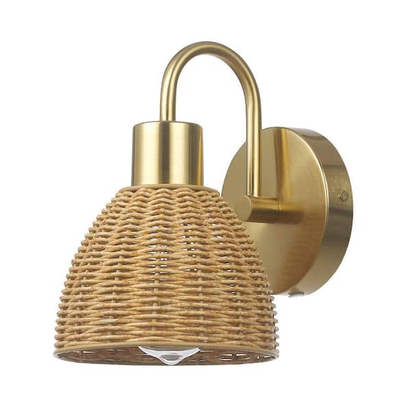 Globe Electric Isla 1-Light Matte Brass Plug-In or Hardwire Wall Sconce with Faux Rattan Shade