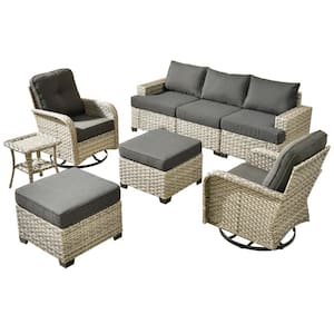 Scorpio 8-Piece Wicker Patio Conversation Seating Sofa Set with Black Cushions and Swivel Rocking Chairs