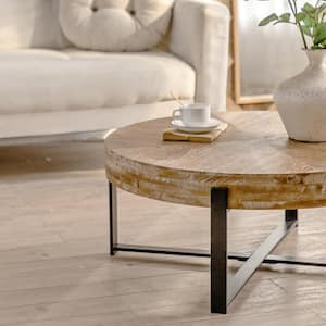 31.29 in. Retro Splicing Modern Round Coffee Table with Fir Wood Table Top and Cross Legs Metal Base