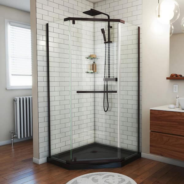 DreamLine Prism 40 in. W x 74.75 in. H Neo Angle Pivot Semi Frameless Corner Shower Enclosure in Bronze with Black Shower Base
