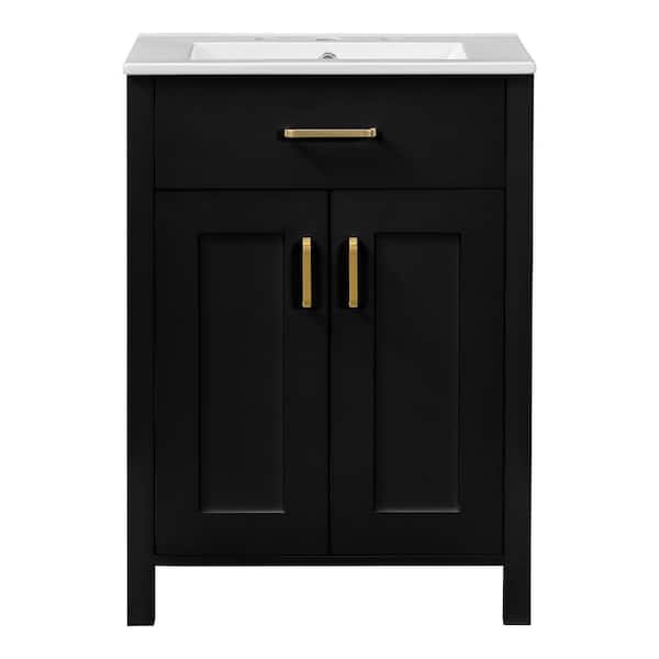 24 in. Single Sink Freestanding Black Bath Vanity with White Ceramic Top, U-shaped Adjustable Shelf