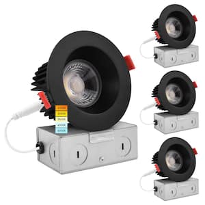 4" LED Recessed Light J-Box 15W 5 Color Selectable 1100 Lumens Dimmable Wet Rated Black Trim 4 Pack