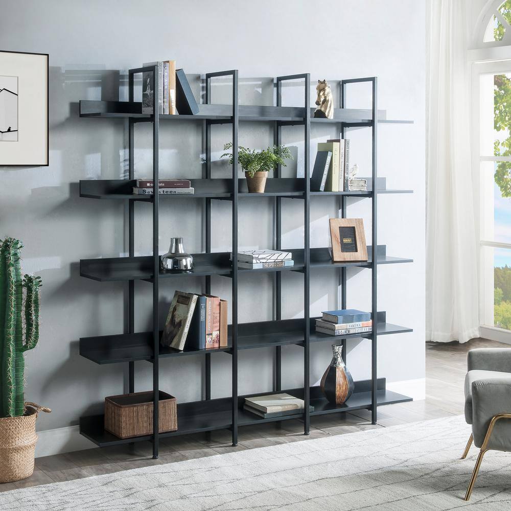 Qualler 71 in. Black Wood 5-Shelf Accent Bookcase with Storage ...