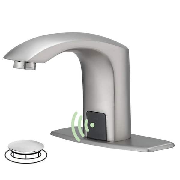 Automatic Sensor Touchless Single Hole Bathroom Sink Faucet with Deck Plate & Pop-Up Drain in Brushed Nickel