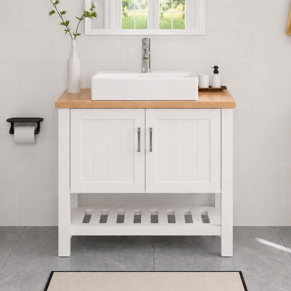 32 in. Freestanding Single Sink White Bath Vanity with Natural Solid Wood Top and Ceramic Sink (Self Assembly Needed)